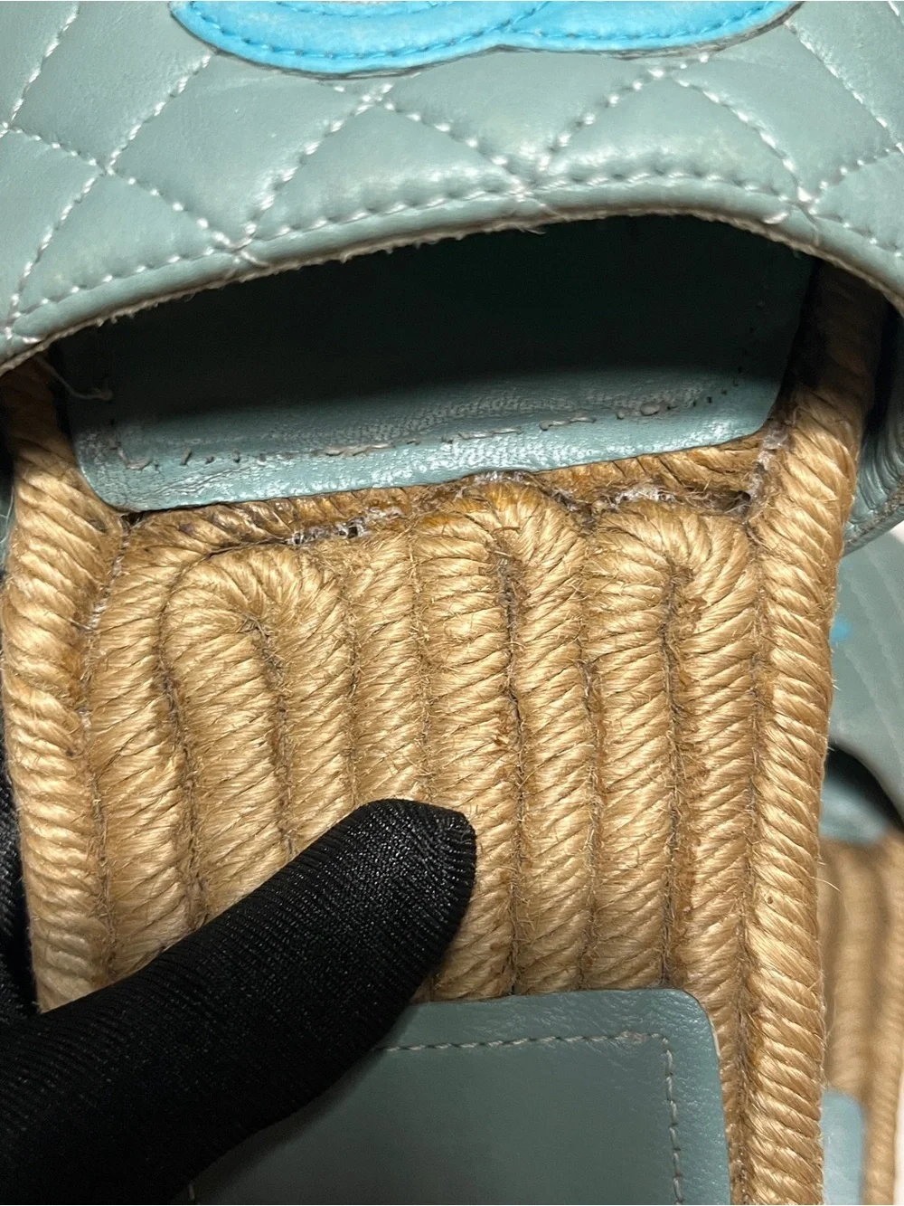 CHANEL Quilted Slide Sandals in Aqua and Rope